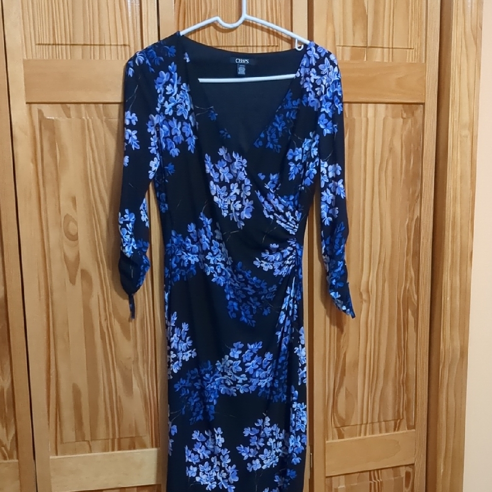 Chaps Women's Long Sleeve Black and Blue Floral Dress